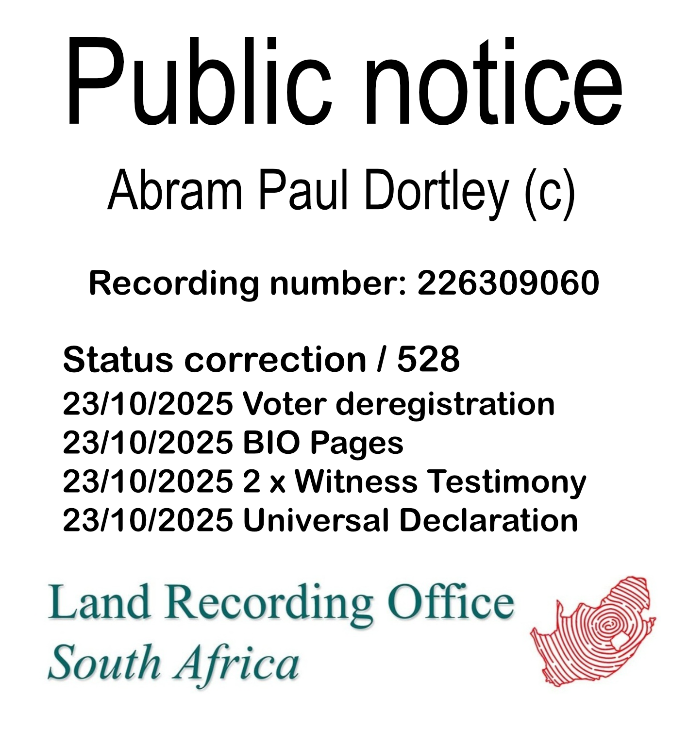 Public notice Abram Paul Dortley (c) Recording number 226309060